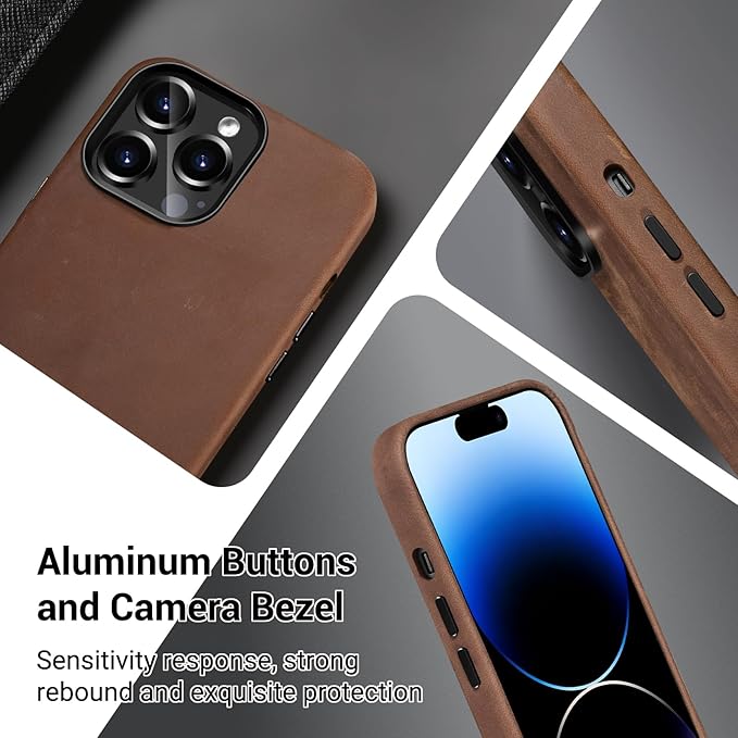 Belemay Compatible with iPhone 13 Pro Leather Case Magsafe - Top Grain Vintage Crazy Horse Leather - Metal Buttons & Camera Bezel Bump - Slim Fit & Soft - Premium Phone Cover (6.1-inch) Tan Brown