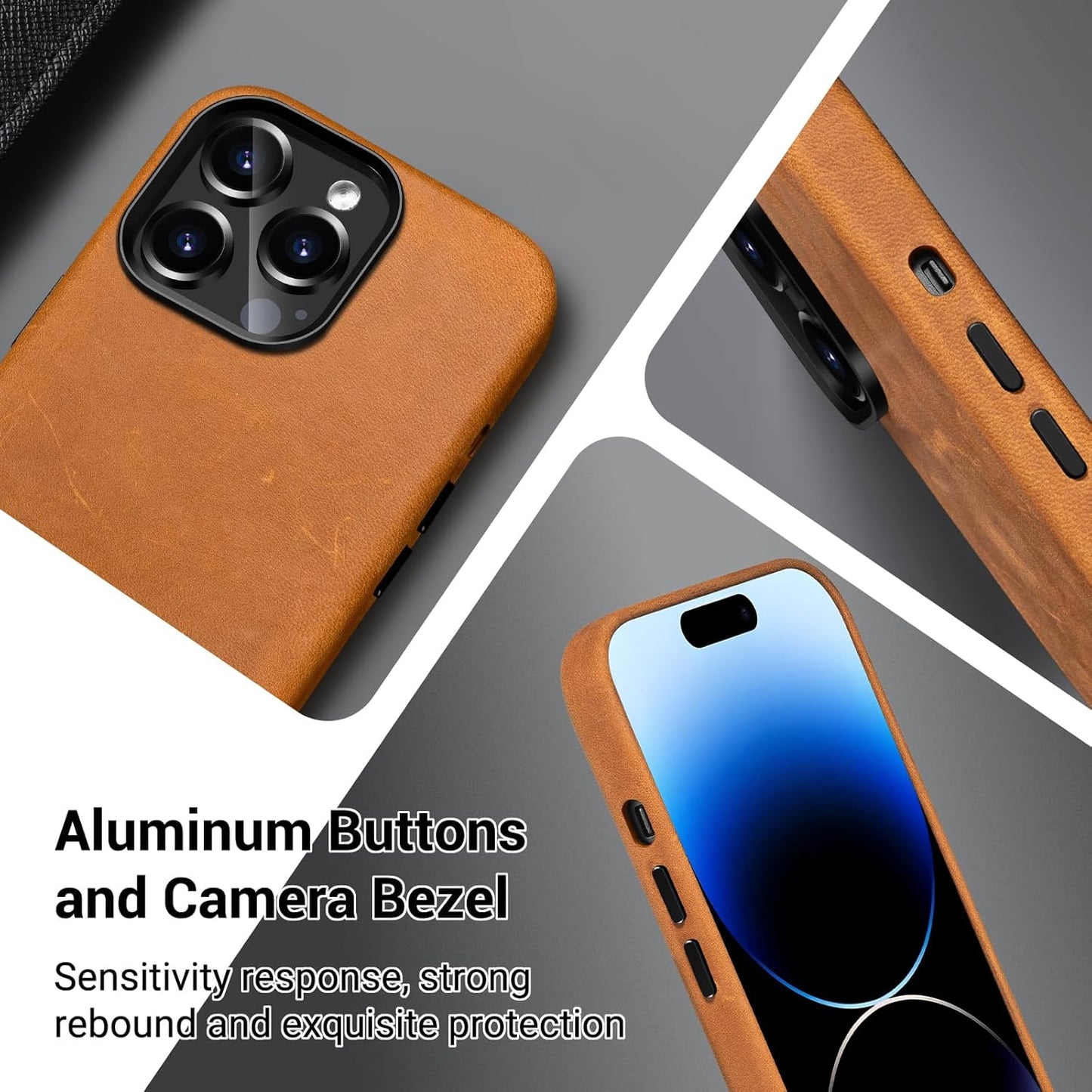 Belemay Compatible with iPhone 13 Pro Max Leather Case Magsafe-Top Grain Vintage Crazy Horse Leather-Metal Buttons Camera Bezel-Slim Fit-Precision Crafted Premium Phone Cover (6.7-inch)-Retro Brown