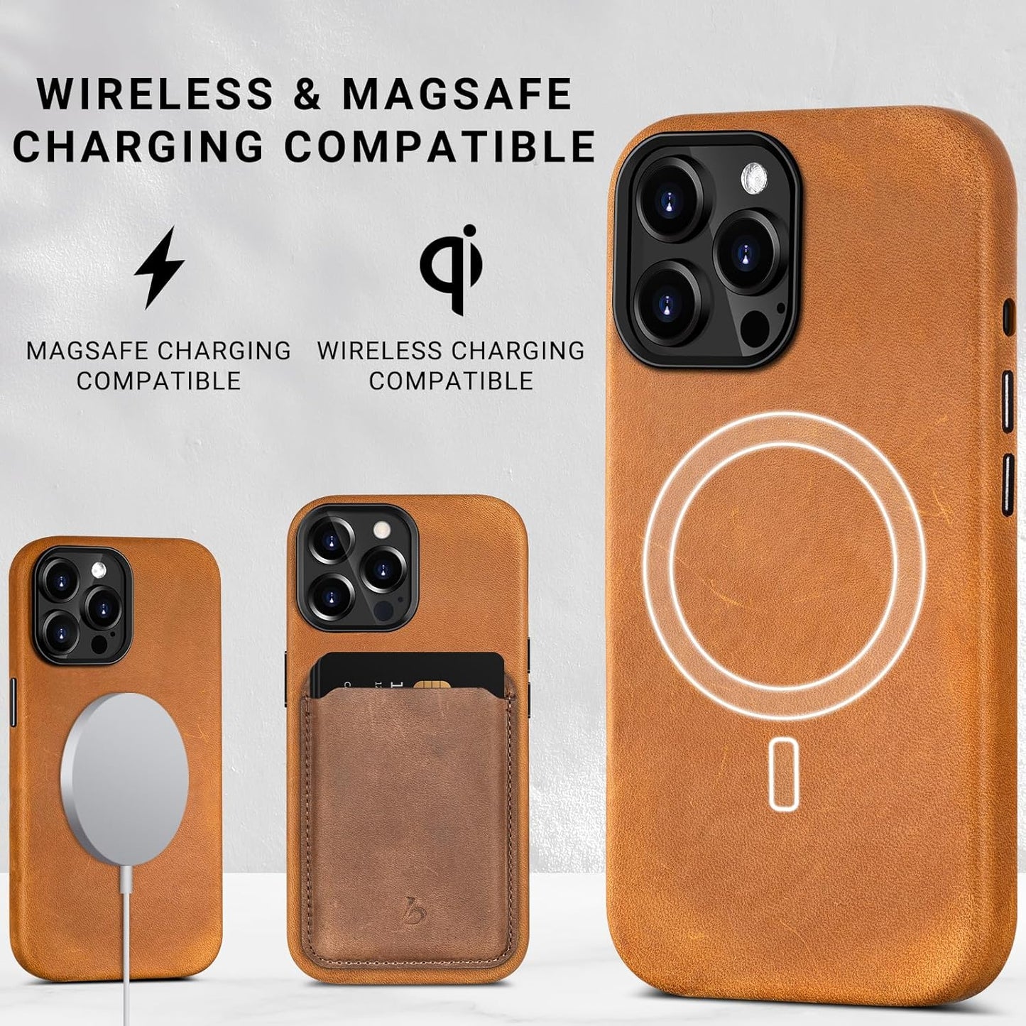 Belemay Compatible with iPhone 13 Pro Max Leather Case Magsafe-Top Grain Vintage Crazy Horse Leather-Metal Buttons Camera Bezel-Slim Fit-Precision Crafted Premium Phone Cover (6.7-inch)-Retro Brown