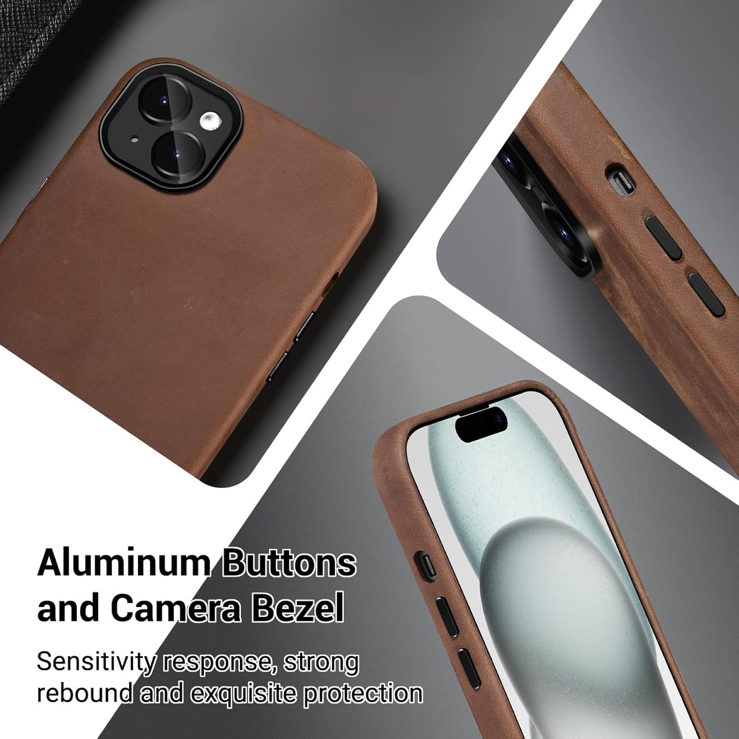 Belemay Compatible with iPhone 13 Leather Case Magsafe - Top Grain Vintage Crazy Horse Leather - Metal Buttons & Camera Bezel Bump - Slim Fit & Soft Feel - Premium Phone Cover (6.1-inch) Tan Brown