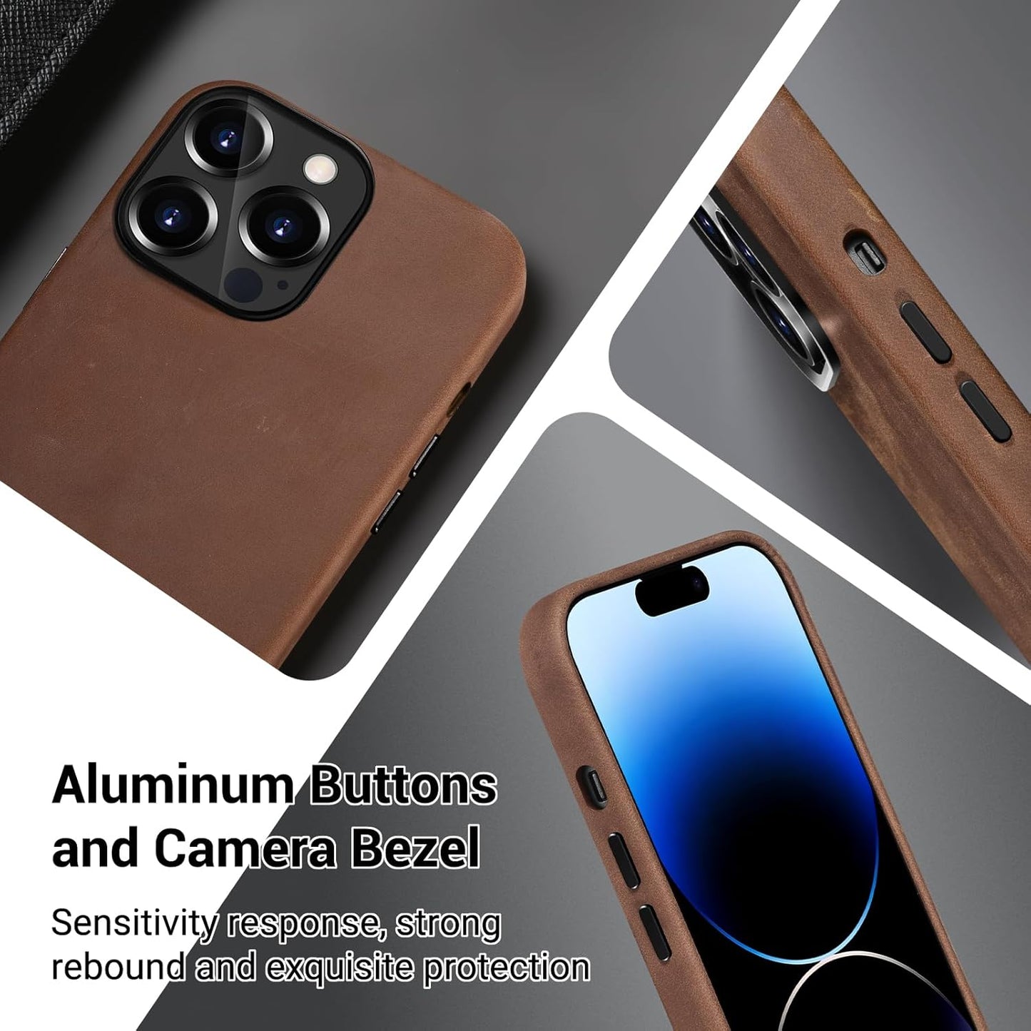 Belemay Compatible with iPhone 12 Pro Max Leather Case Magsafe-Top Grain Vintage Crazy Horse Leather-Metal Buttons Camera Bezel-Slim Fit-Precision Crafted Premium Phone Cover (6.7-inch)-Retro Brown