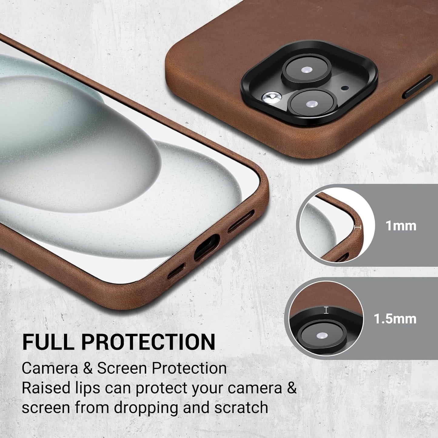 Belemay Compatible with iPhone 14 Leather Case Magsafe - Top Grain Vintage Crazy Horse Leather - Metal Buttons & Camera Bezel Bump - Slim Fit & Soft Feel - Premium Phone Cover (6.1-inch) Tan Brown