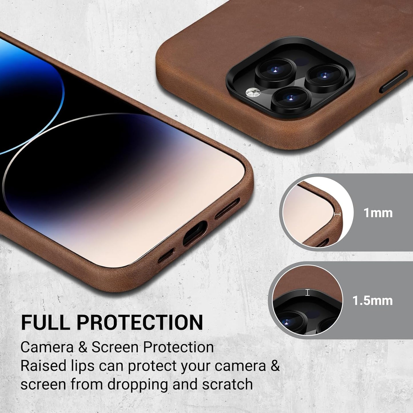 Belemay Compatible with iPhone 14 Pro Leather Case Magsafe - Top Grain Vintage Crazy Horse Leather - Metal Buttons & Camera Bezel Bump - Slim Fit & Soft - Premium Phone Cover (6.1-inch) Retro Brown