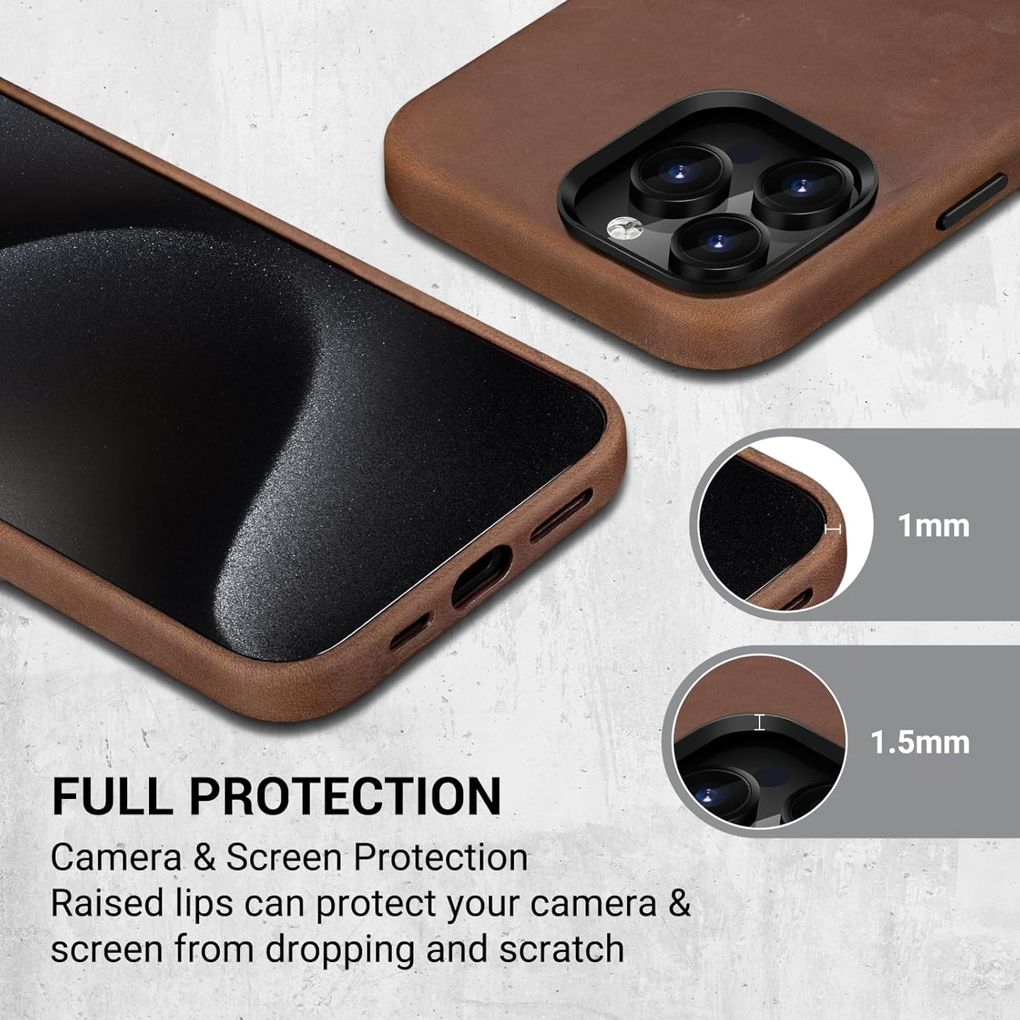 Belemay Compatible with iPhone 16 Leather Case, Compatible with MagSafe, Premium Full-Grain Vegetable-Tanned Smooth Leather, Metal Buttons & Camera Bump Frame, Classy Luxury Phone Cover (6.1") Black