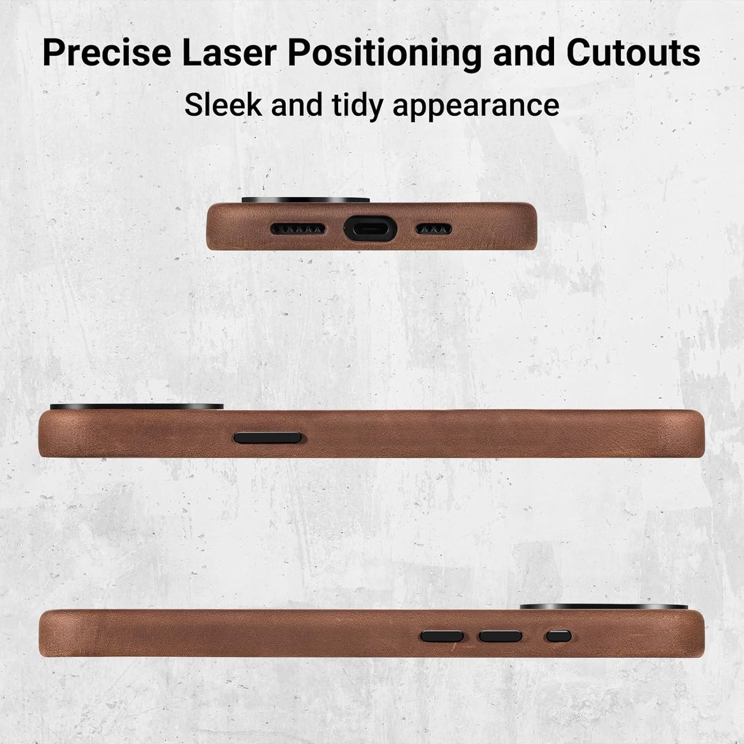Belemay Compatible with iPhone 15 Pro Leather Case Magsafe - Top Grain Vintage Crazy Horse Leather - Metal Buttons & Camera Bezel Bump - Slim Fit & Soft - Premium Phone Cover (6.1-inch) Retro Brown