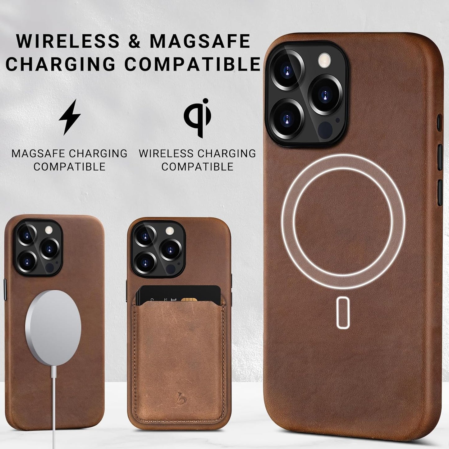 Belemay Compatible with iPhone 12 Pro Max Leather Case Magsafe-Top Grain Vintage Crazy Horse Leather-Metal Buttons Camera Bezel-Slim Fit-Precision Crafted Premium Phone Cover (6.7-inch)-Retro Brown