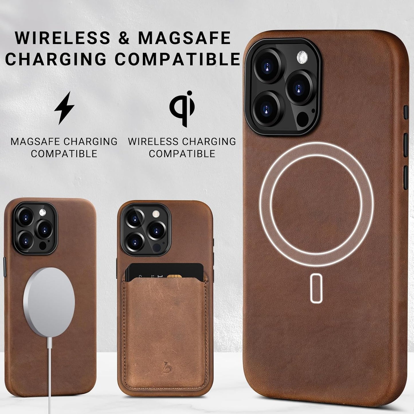 Belemay Compatible with iPhone 15 Pro Max Leather Case Magsafe-Top Grain Vintage Crazy Horse Leather-Metal Buttons Camera Bezel-Slim Fit-Precision Crafted Premium Phone Cover (6.7-inch)-Retro Brown