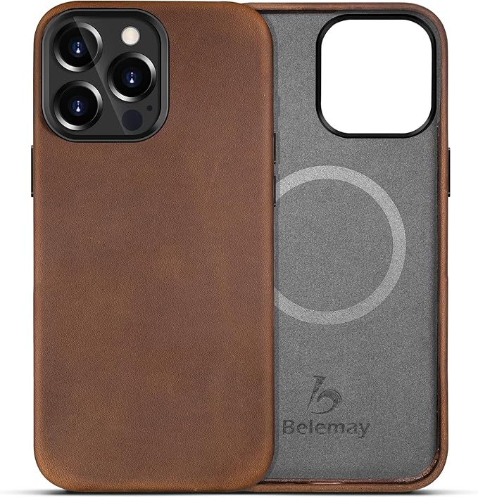 Belemay Compatible with iPhone 13 Pro Leather Case Magsafe - Top Grain Vintage Crazy Horse Leather - Metal Buttons & Camera Bezel Bump - Slim Fit & Soft - Premium Phone Cover (6.1-inch) Tan Brown