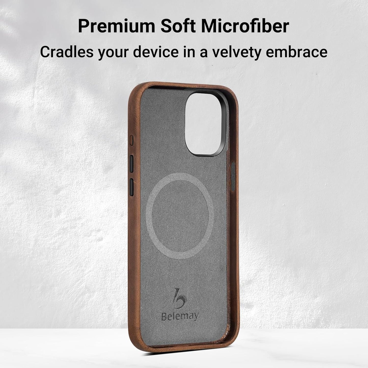 Belemay Compatible with iPhone 13 Leather Case Magsafe - Top Grain Vintage Crazy Horse Leather - Metal Buttons & Camera Bezel Bump - Slim Fit & Soft Feel - Premium Phone Cover (6.1-inch) Tan Brown