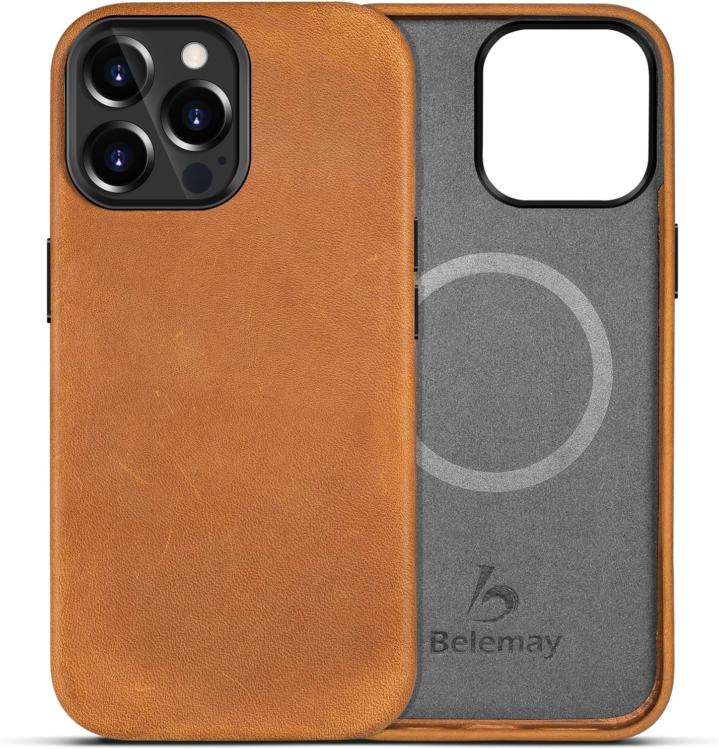 Belemay Compatible with iPhone 13 Pro Max Leather Case Magsafe-Top Grain Vintage Crazy Horse Leather-Metal Buttons Camera Bezel-Slim Fit-Precision Crafted Premium Phone Cover (6.7-inch)-Retro Brown