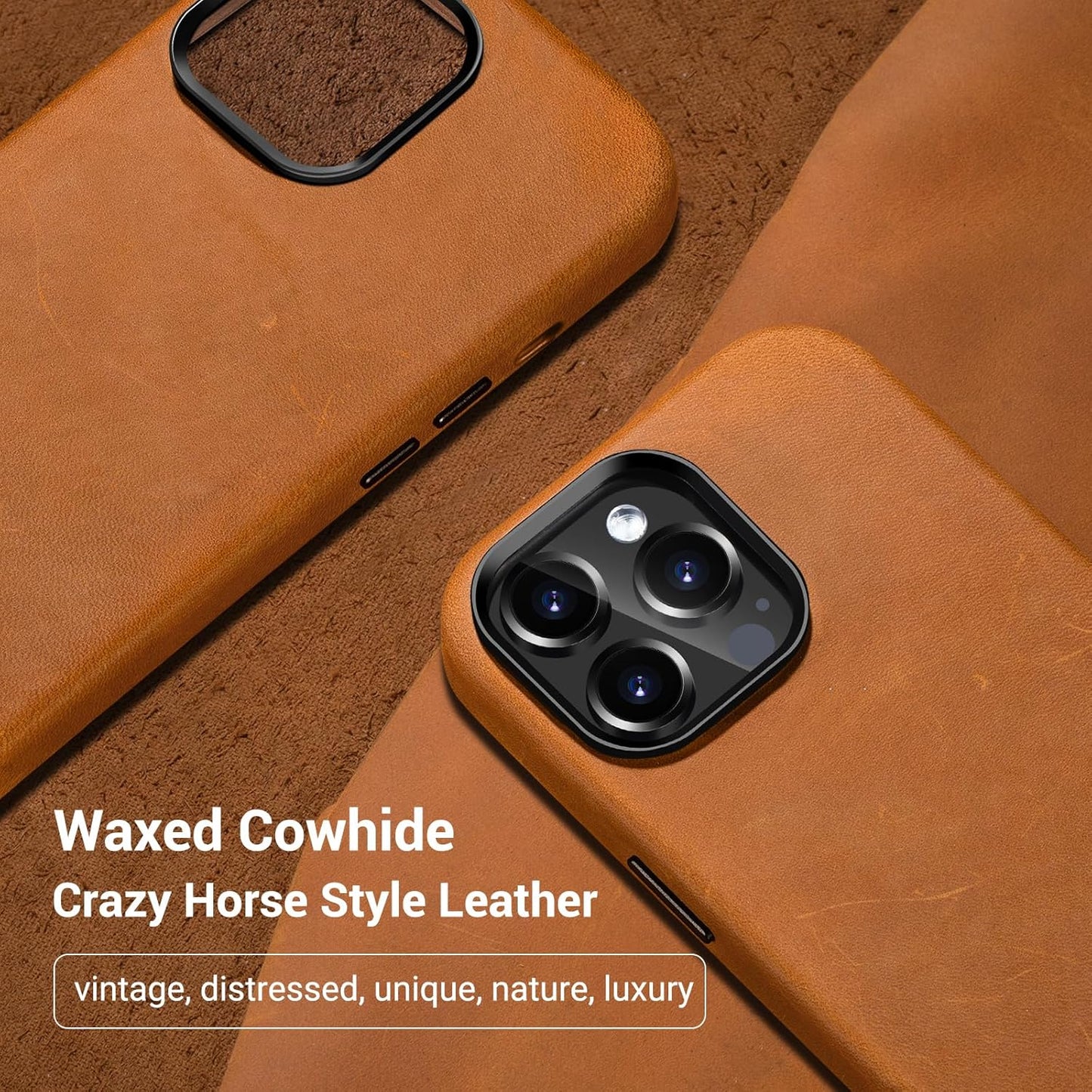 Belemay Compatible with iPhone 13 Pro Max Leather Case Magsafe-Top Grain Vintage Crazy Horse Leather-Metal Buttons Camera Bezel-Slim Fit-Precision Crafted Premium Phone Cover (6.7-inch)-Retro Brown