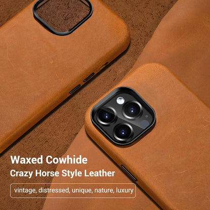 Belemay Compatible with iPhone 13 Pro Max Leather Case Magsafe-Top Grain Vintage Crazy Horse Leather-Metal Buttons Camera Bezel-Slim Fit-Precision Crafted Premium Phone Cover (6.7-inch)-Retro Brown