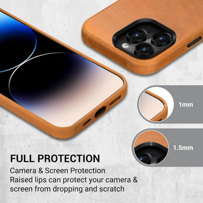 Belemay Compatible with iPhone 13 Pro Max Leather Case Magsafe-Top Grain Vintage Crazy Horse Leather-Metal Buttons Camera Bezel-Slim Fit-Precision Crafted Premium Phone Cover (6.7-inch)-Retro Brown