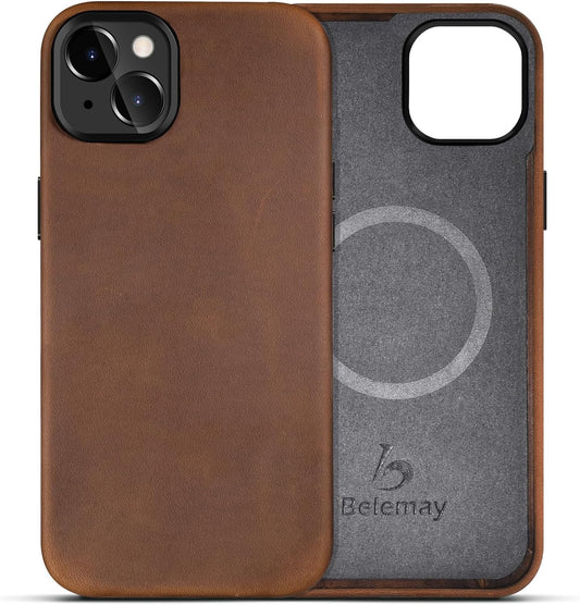 Belemay Compatible with iPhone 13 Leather Case Magsafe - Top Grain Vintage Crazy Horse Leather - Metal Buttons & Camera Bezel Bump - Slim Fit & Soft Feel - Premium Phone Cover (6.1-inch) Tan Brown