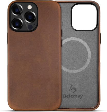 Belemay Compatible with iPhone 12 Pro Max Leather Case Magsafe-Top Grain Vintage Crazy Horse Leather-Metal Buttons Camera Bezel-Slim Fit-Precision Crafted Premium Phone Cover (6.7-inch)-Retro Brown