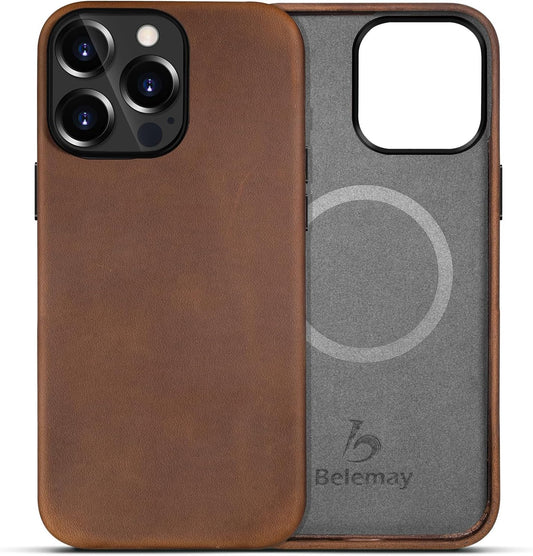 Belemay Compatible with iPhone 12 Pro Max Leather Case Magsafe-Top Grain Vintage Crazy Horse Leather-Metal Buttons Camera Bezel-Slim Fit-Precision Crafted Premium Phone Cover (6.7-inch)-Retro Brown