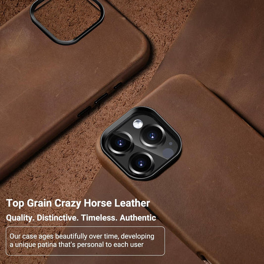 Belemay Compatible with iPhone 16 Pro Max Leather Case, Compatible with Magsafe, Premium Crazy Horse Leather [Vintage Aesthetic] Comfort Grip, Metal Buttons & Camera Bump Frame, (6.9") Classic Brown