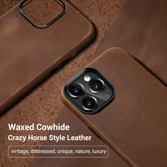 Belemay Compatible with iPhone 14 Pro Leather Case Magsafe - Top Grain Vintage Crazy Horse Leather - Metal Buttons & Camera Bezel Bump - Slim Fit & Soft - Premium Phone Cover (6.1-inch) Retro Brown