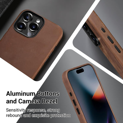 Belemay Compatible with iPhone 15 Pro Leather Case Magsafe - Top Grain Vintage Crazy Horse Leather - Metal Buttons & Camera Bezel Bump - Slim Fit & Soft - Premium Phone Cover (6.1-inch) Retro Brown