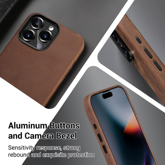 Belemay Compatible with iPhone 15 Pro Leather Case Magsafe - Top Grain Vintage Crazy Horse Leather - Metal Buttons & Camera Bezel Bump - Slim Fit & Soft - Premium Phone Cover (6.1-inch) Retro Brown