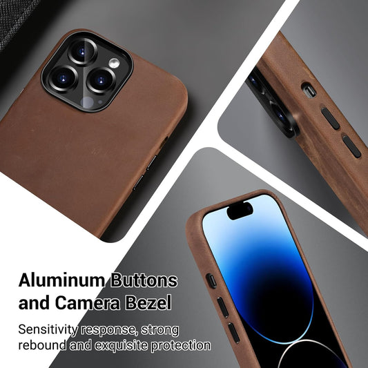 Belemay Compatible with iPhone 13 Pro Max Leather Case Magsafe-Top Grain Vintage Crazy Horse Leather-Metal Buttons Camera Bezel-Slim Fit-Precision Crafted Premium Phone Cover (6.7-inch)-Retro Brown
