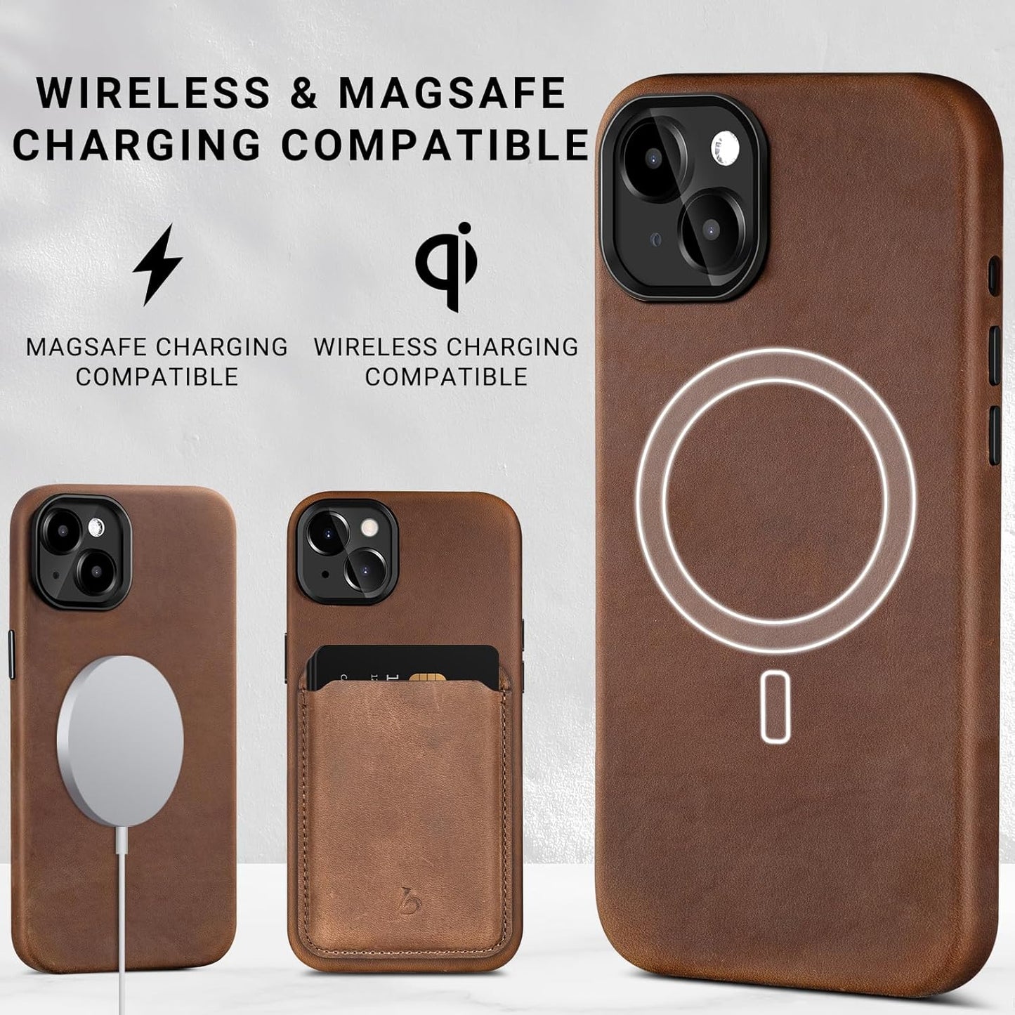 Belemay Compatible with iPhone 13 Leather Case Magsafe - Top Grain Vintage Crazy Horse Leather - Metal Buttons & Camera Bezel Bump - Slim Fit & Soft Feel - Premium Phone Cover (6.1-inch) Tan Brown