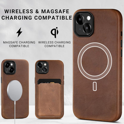 Belemay Compatible with iPhone 13 Leather Case Magsafe - Top Grain Vintage Crazy Horse Leather - Metal Buttons & Camera Bezel Bump - Slim Fit & Soft Feel - Premium Phone Cover (6.1-inch) Tan Brown