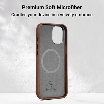 Belemay Compatible with iPhone 15 Pro Leather Case Magsafe - Top Grain Vintage Crazy Horse Leather - Metal Buttons & Camera Bezel Bump - Slim Fit & Soft - Premium Phone Cover (6.1-inch) Retro Brown