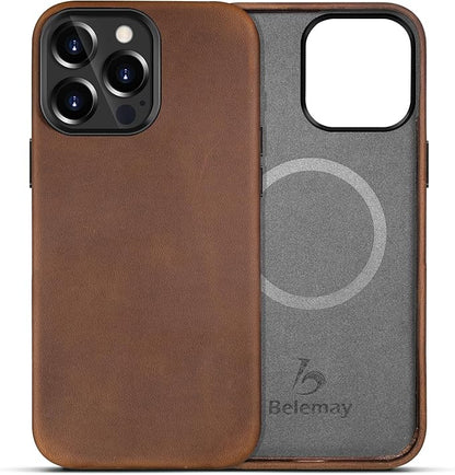Belemay Compatible with iPhone 13 Pro Leather Case Magsafe - Top Grain Vintage Crazy Horse Leather - Metal Buttons & Camera Bezel Bump - Slim Fit & Soft - Premium Phone Cover (6.1-inch) Tan Brown