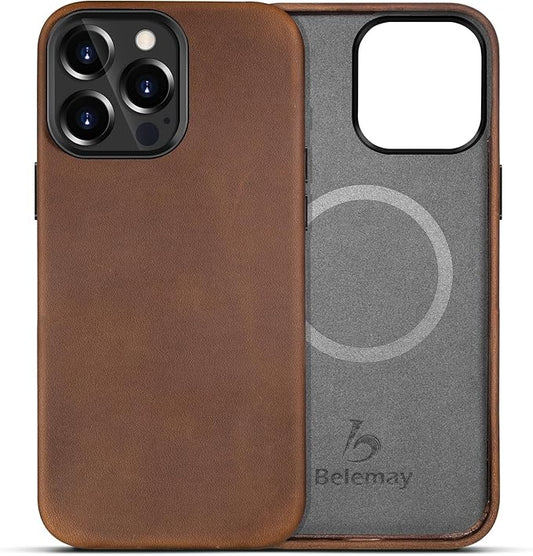 Belemay Compatible with iPhone 13 Pro Leather Case Magsafe - Top Grain Vintage Crazy Horse Leather - Metal Buttons & Camera Bezel Bump - Slim Fit & Soft - Premium Phone Cover (6.1-inch) Tan Brown