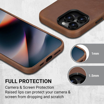 Belemay Compatible with iPhone 16 Pro Max Leather Case, Compatible with Magsafe, Premium Crazy Horse Leather [Vintage Aesthetic] Comfort Grip, Metal Buttons & Camera Bump Frame, (6.9") Classic Brown