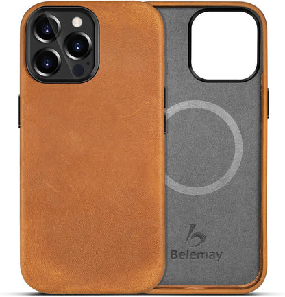 Belemay Compatible with iPhone 13 Pro Max Leather Case Magsafe-Top Grain Vintage Crazy Horse Leather-Metal Buttons Camera Bezel-Slim Fit-Precision Crafted Premium Phone Cover (6.7-inch)-Retro Brown