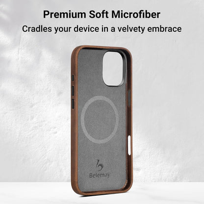 Belemay Compatible with iPhone 16 Pro Leather Case, Compatible with Magsafe, Premium Crazy Horse Leather [Vintage Aesthetic] Comfort Grip, Metal Buttons & Camera Bump Frame, (6.3") Classic Brown