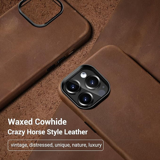 Belemay Compatible with iPhone 13 Pro Leather Case Magsafe - Top Grain Vintage Crazy Horse Leather - Metal Buttons & Camera Bezel Bump - Slim Fit & Soft - Premium Phone Cover (6.1-inch) Tan Brown